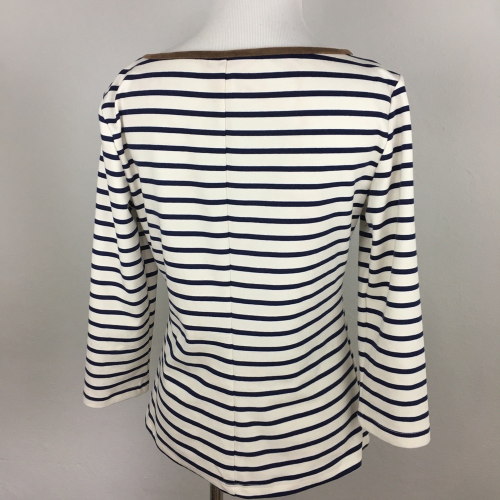 Navy Blue White Striped Suede Trim Top Size Small - Picture 4 of 8